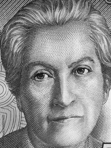 Gabriela Mistral portrait on Chile 5000 peso banknote close up. Chilean poet, 1945 Literature Nobel Prize winner. Black and white.