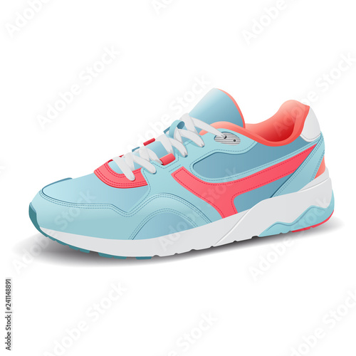 Realistic sport running shoe for training and fitness on white background, trendy sneakers, vector illustration