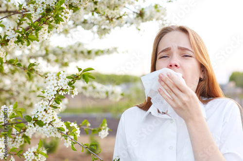 Outdoor shot of displeased Caucasian woman feels allergy, holds white tissuue, stands near tree with blossom, feels unwell, sneezes all time. People and health problems. Spring time. Blooming