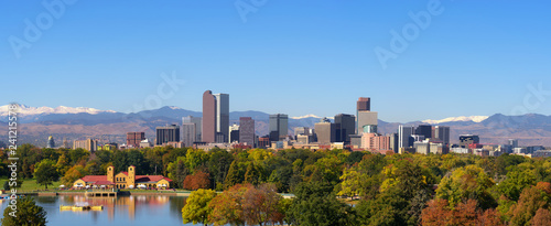 Skyline of Denver downtown with Rocky Mountains