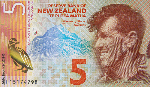 New Zealand 5 dollar 2015 banknote, Edmund Hillary. New Zealand money currency close up.