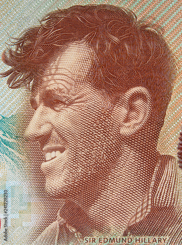 Edmund Hillary portrait on New Zealand 5 dollar 2015 banknote. First to reach the summit of Mount Everest.