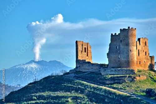 Picturesque View of Mazzarino Medieval Castle with the Mount Etna in the Background, Caltanissetta, Sicily, Italy, Europe