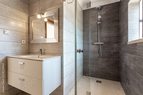 Modern bathroom with shower and washbasin for hygiene.