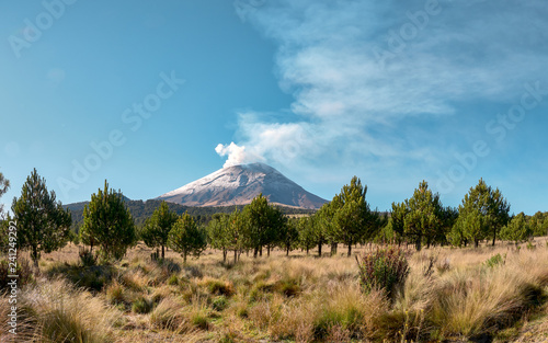 Cloud of smoke comes out of Popocatepetl volcano seen from the Izta-Popo Zoquiapan National Park