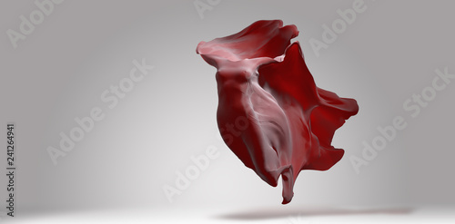 Vibrant red streaming waving cloth, with invisible female body flying inside, fabric design template, 3d illustration
