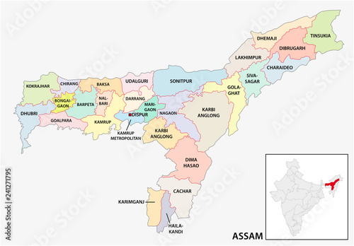 administrative and political map of indian state of Assam, india