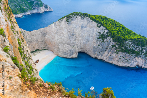Greece, Zakynthos, Paradise like view on white sand beach and azure waters of shipwreck beach from cliffs