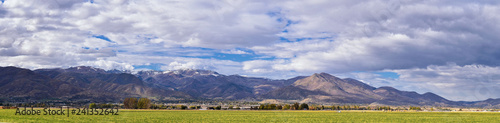 Panoramic Landscape view from Kamas and Samak off Utah Highway 150, view of backside of Mount Timpanogos near Jordanelle Reservoir in the Wasatch back Rocky Mountains, and Cloudscape. America.