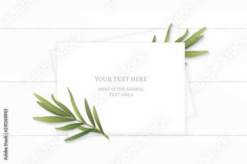 Flat lay top view elegant white composition paper tarragon plant leaf flower on wooden background