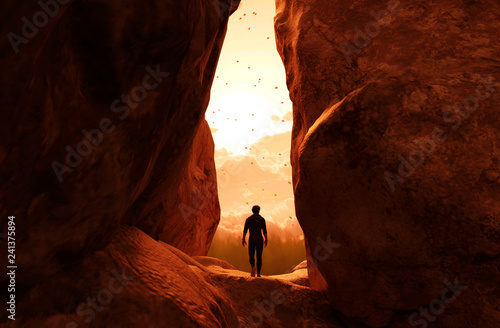 Man walking to the light and exit the cave,3d illustration