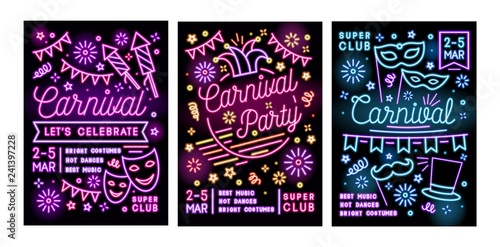Collection of poster, flyer or invitation templates for masquerade ball, carnival or party with festive masks and decorations drawn with glowing neon lines. Vector illustration in linear style.