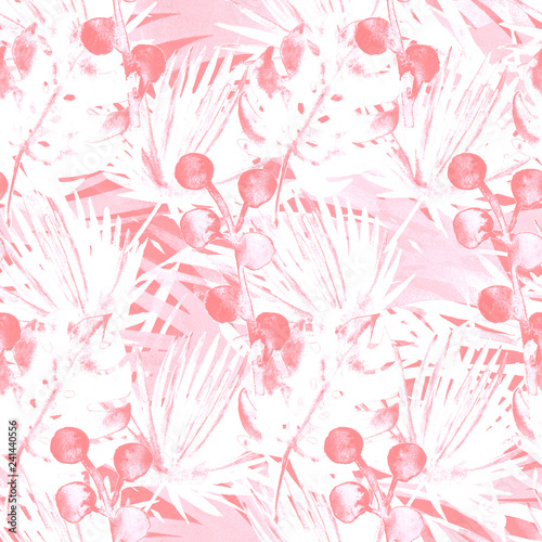Modern Pink, Purple Retro Exotic Floral Watercolour Seamless Pattern. Female Fashion Fabric Texture, Monstera, Fan Leaves. Floral Watercolor Seamless Pattern Cool Tropical Background Prints.