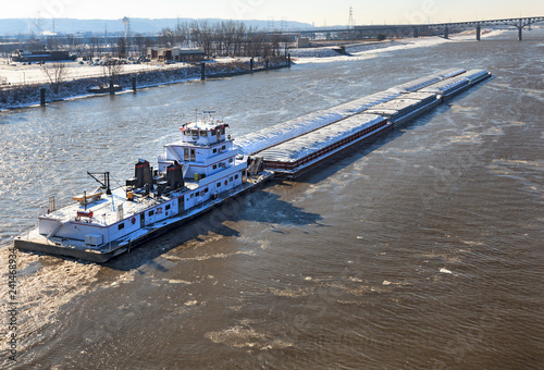 River barge on the Illinois River in the winter time