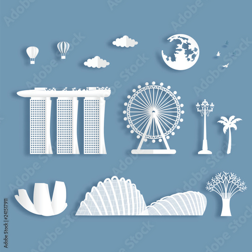 Collection of Singapore famous landmarks in paper cut style vector illustration.