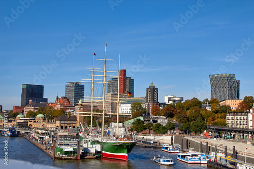 Sea pier in Germany. View of the port of Hamburg. Photo of the pier Hamburg. Cityscape of the port city of Hamburg.