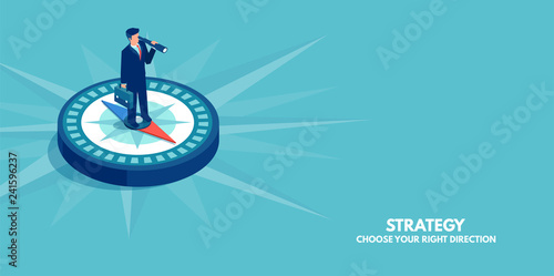 Vector of a businessman standing on compass showing direction. Symbol of strategy, future vision.