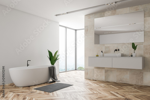 Loft beige bathroom, tub and sink