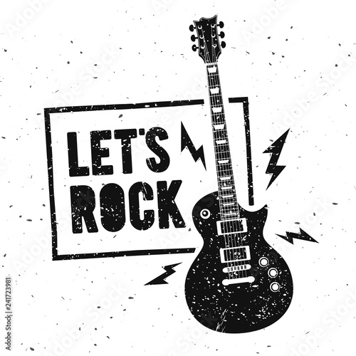 Vector Illustration Lets Rock Music Print Graphic Design with Guitar. Vintage Stamp Label. T-Shirt Lettering Artwork With Grunge Effect