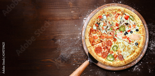 classic Italian pizza on a wooden tray, served in a small authentic Italian restaurant