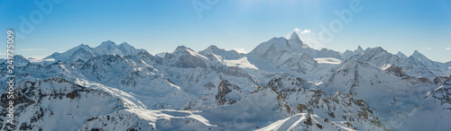 Panorama of the Weisshorn and surrounding mountains in the swiss alps.