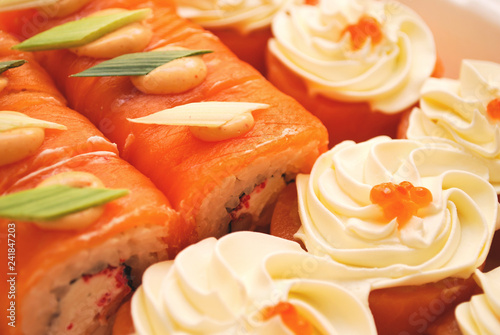 Salmon eggs or Ikura, Japanese sushi style from fresh raw salmon fish on plate.