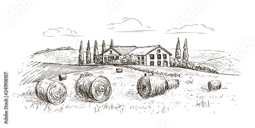 Rural landscape, village sketch. Farm, vintage vector illustration
