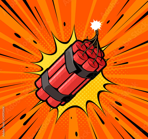 Dynamite bomb explosion with burning wick detonate. Retro pop art style. Cartoon comic vector illustration