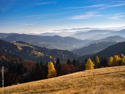 Beskids Mountains in Autumn from Jaworzyna Range nearby Piwniczna-Zdroj town, Poland. View to the southeast.