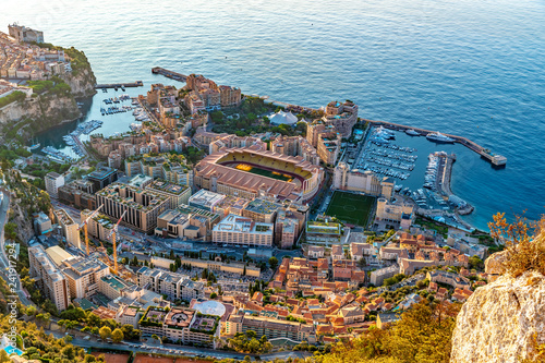 Aerial view of stadium of Monaco at sunrise, view from La Turbie, landmark of Monaco, Monte-Carlo, port Cap Dail, port Fontvieille, Monaco Ville, blue sea, morning