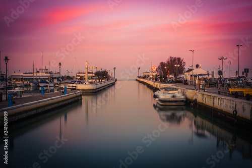 View of the Port at sunset. Long exposure picture in Riccione, Emilia Romagna, Italy.