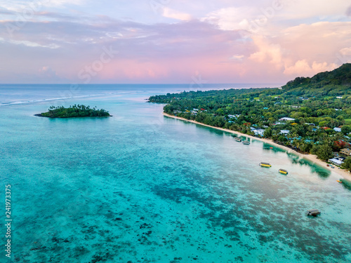 An aerial view of sunrise at Muri Lagoon on Rarotonga in the Cook Islands