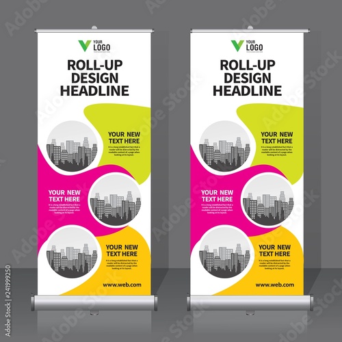 Roll up banner design template, vertical, abstract background, pull up design, modern x-banner, rectangle size. 