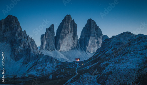 Tre Cime di Lavaredo mountain peaks in the Dolomites at night, South Tyrol, Italy