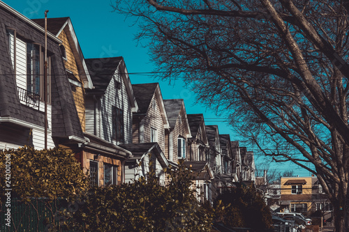 Row of colorful residential houses in Queens, NY