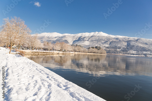 snow in the lake Pamvotis of Ioannina city winter in Greece