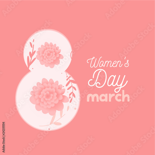 Womens day. lettering March 8 flat flowers in pink color. Doodle design. Flat hipster graphic of poster, banner. Vector