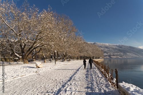 snow in the lake Pamvotis of Ioannina city winter in Greece
