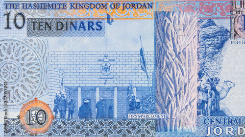 Jordan 10 dinar banknote. Jordanian money currency close up. Jordan economy.