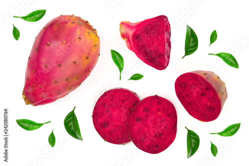 red prickly pear or opuntia isolated on a white background. Top view. Flat lay