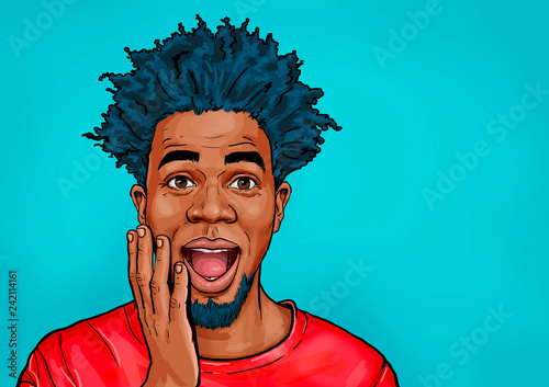 Portrait of black man says wow with open mouth to see something unexpected. Shocked guy with surprised expression. Emotions concept