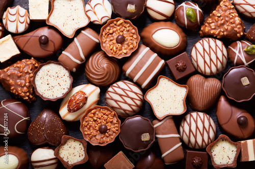 mix of chocolate candies, top view