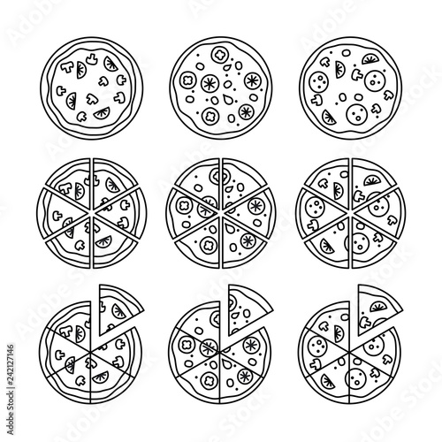 Line pizza icons set isolated on white background, vector illustration