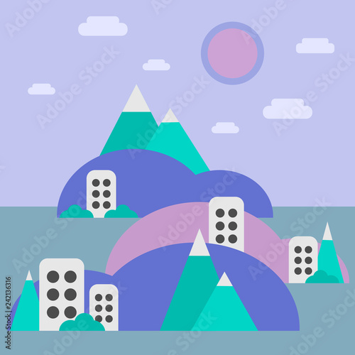Vector flat illustration with landscape and house. Sun and trees.