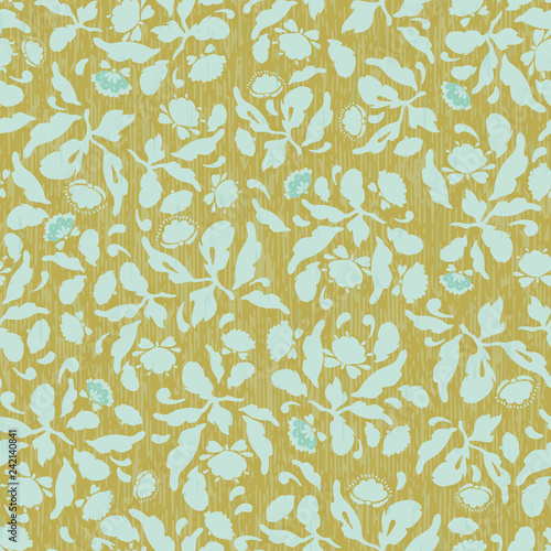 Gold and aqua blue folk art floral pattern with blossoms and texture. Surface pattern design.