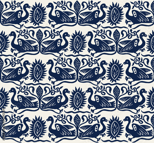 Seamless woodblock printed indigo dye ethnic pattern. Traditional European folk motif with gees and floral arabesques, navy blue on ecru background. Textile or wallpaper print.