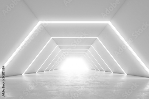 Illuminated corridor interior design. Abstract Futuristic tunnel with light background. 3D rendering.