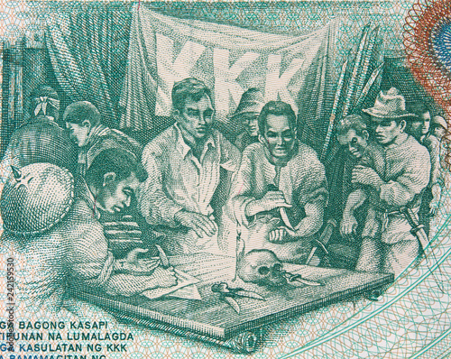Blood Compact of the Katipuneros on Philippine 5 peso (1969) close up. Katipunan was famous Philippines revolutionary society.