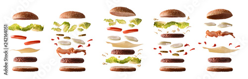 Set of different burgers with ingredients by layers white isolated