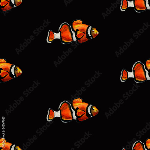 Tropical reef clown fish colorful seamless pattern